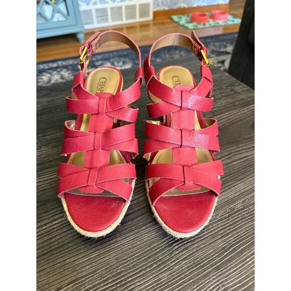 6/$25 Chaps Dallyn Wedge Espadrilles Peep Toe Tumbled Vachetta Sandals Sz. 9.5 - Picture 1 of 4